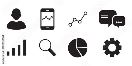 Business analytics dashboard icon set. Data reporting, user interface and performance symbols. Solid black vector glyph pack.