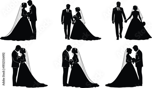 Set of black wedding couple silhouettes featuring bride and groom in romantic poses for marriage invitations engagement announcements bridal shower decor and romantic event branding.