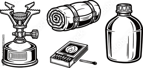Vector illustration of essential camping and outdoor gear including a portable stove, sleeping bag, matches, and canteen.