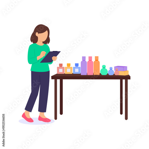 Counting Perfume Stock, Checking inventory levels of fragrance products, Flat vector character illustration