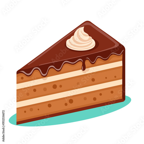 Sliced Chocolate Layer Cake with Whipped Cream Topping - Vector Illustration