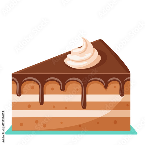 Sliced Chocolate Layer Cake with Whipped Cream Topping - Vector Illustration
