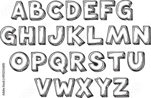 Hand-drawn sketch style English alphabet letters A to Z in uppercase.