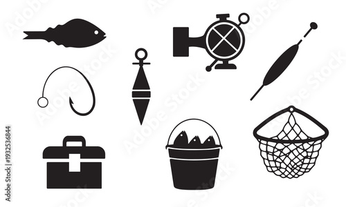 Fishing equipment icon set. Angling gear, tackle and seafood harvest symbols. Solid black vector silhouette pack.