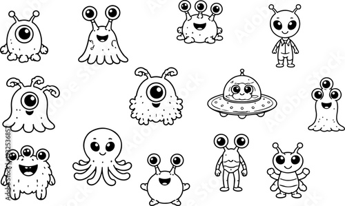 Collection of Cute Cartoon Aliens and Monsters Illustrations