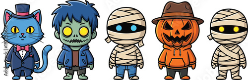 Cute Halloween character collection featuring chibi zombie pumpkin man mummy and cat in suit vector stickers for spooky holiday decorations and party invitations