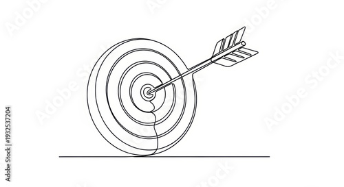 Target with arrow in bullseye, single line drawing, concept of success and goal achievement