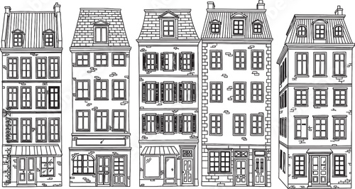 Detailed black and white line art drawing of five old European-style buildings with multiple floors and windows, featuring architectural details like mansard roofs and awnings.