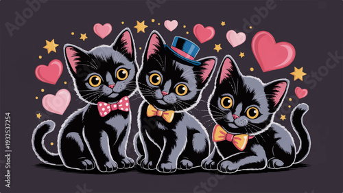Three adorable black cats with colorful bows and hat surrounded by hearts and stars on dark background