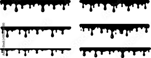 Six different black paint drip graphic elements isolated on transparent background