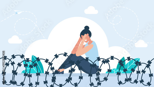 Depressed woman sitting in despair behind barbed wire fence. Concept of human rights, loss of freedom, mental health struggle, and social injustice or refugee crisis. Vector illustration.