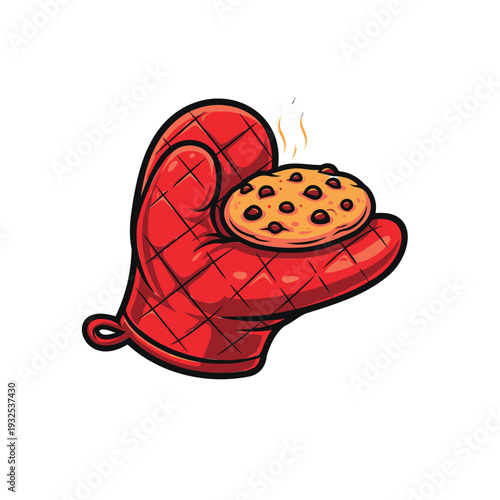 A red oven glove holding a freshly baked chocolate chip cookie, viewed from the side