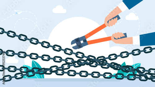 Close up of hands using red bolt cutter to break heavy steel chains. Concept of freedom, overcoming obstacles, business success, and breaking limits or boundaries. Professional vector illustration.