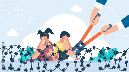 Hands using a bolt cutter to break barbed wire and rescue sad children. Concept of human rights protection, charity, helping refugees, and hope for a better future. Professional vector illustration.