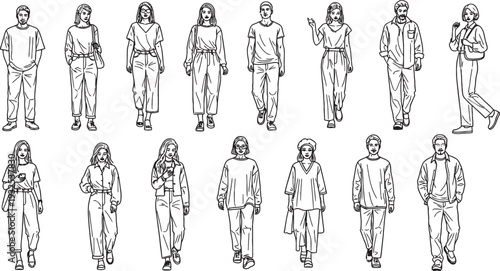 A collection of diverse line art illustrations depicting men and women in various casual outfits, walking and standing.
