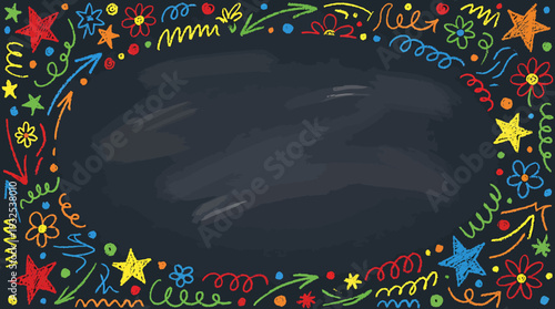 Colorful Chalkboard Border with Playful Doodles and Stars. Vector Illustrations. EPS Editable