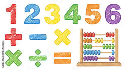 Colorful Arithmetic Signs and Abacus Demonstration for Early Math Learning. Vector Illustrations. EPS Editable