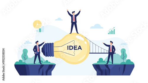Team of businessmen collaborating around a massive lightbulb bridging two cliffs representing creative solutions and innovative connections.