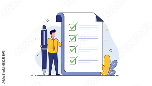 Dedicated businessman holding a huge blue pen standing next to a large completed checklist with green checkmarks on a white background.