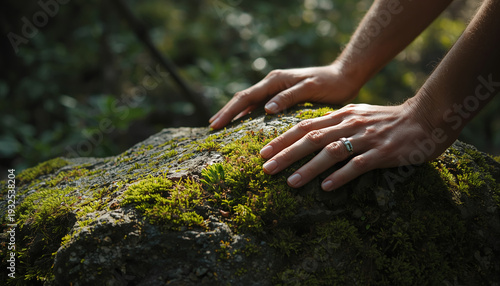 Hands Touching Moss on Forest Stone
