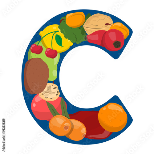 Food rich of vitamin C vector isolated. Illustration of products, idea of healthy organic diet. Healthy nutrition. Pear, kiwi, nuts and liver. Fresh fruits and berries.