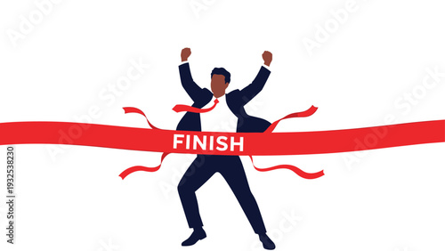 Silhouette of a triumphant businessman crossing the finish line and tearing the red ribbon representing victory and final goal achievement.