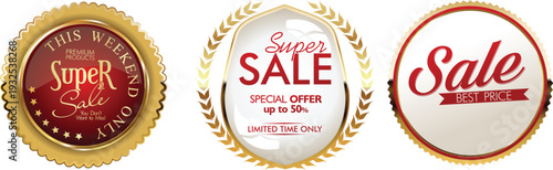 Three gold framed sale labels for advertising discounts and promotions