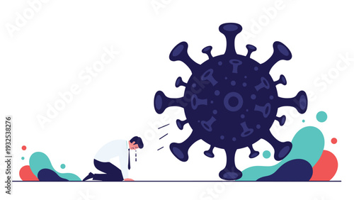 Desperate businessman kneeling and crying in front of a massive dark virus symbol representing the economic impact of a global pandemic.