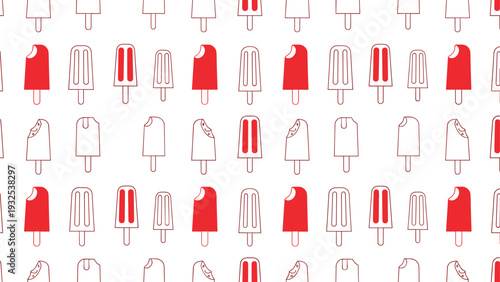 Vibrant pattern of red and white outline popsicles with some frozen treats having bites taken out on a clean white background for summer.
