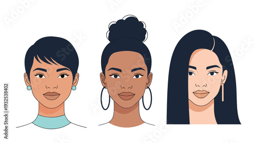 Three beautiful portraits of diverse women with different hairstyles and skin tones representing multicultural beauty and female empowerment.