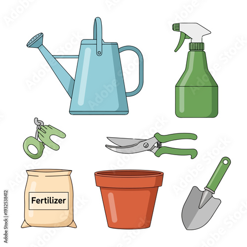 Gardening tools and supplies arranged neatly for planting and nurturing plants in a serene environment from a top-down viewpoint