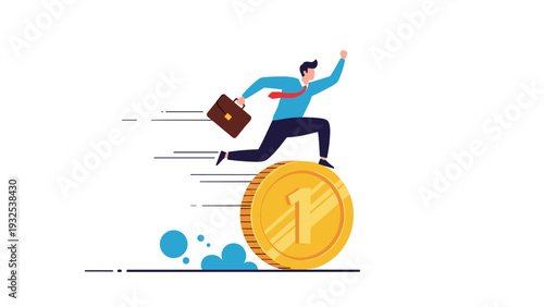 Determined businessman running on top of a large rolling gold coin representing the fast-paced nature of finance and money management.