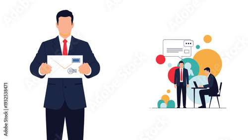 Professional businessman holding a large white envelope with an abstract office scene and workers in the background representing mail delivery.