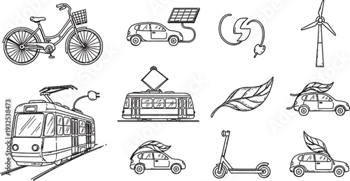 Black and white hand-drawn sketch illustrations of sustainable transportation and eco-friendly energy concepts.