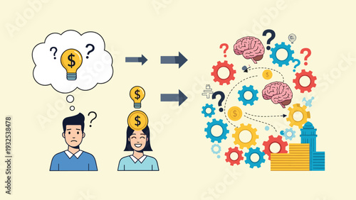 Conceptual diagram showing a man and a woman contributing ideas that feed into a complex system of gears, brains, and financial growth.
