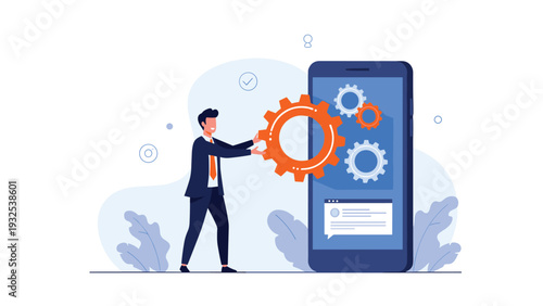 Tech-savvy businessman placing an orange gear into a giant smartphone screen representing mobile app development and system optimization.