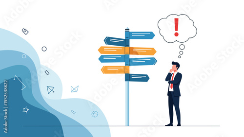Confused businessman standing at a crossroads signpost with multiple direction arrows and an exclamation mark thought bubble for decision making.