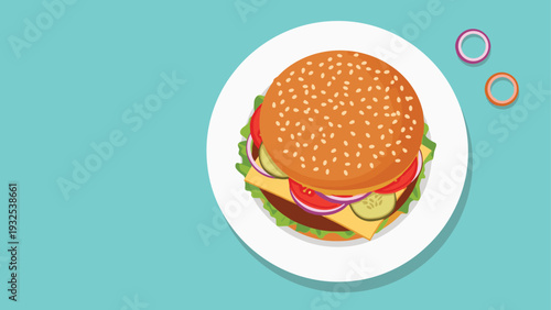 Top view of a delicious hamburger on a white plate with sesame seed bun, lettuce, tomato, cheese, onion rings, and a beef patty on blue.
