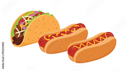 Delicious fast food meal including one colorful taco with meat and vegetables and two grilled hot dogs with mustard on a white background.