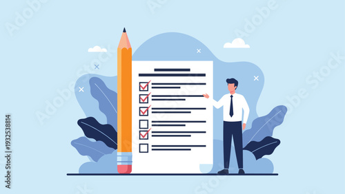 Organized businessman standing next to a massive checklist document with some checkmarks and a giant yellow pencil on a blue background.