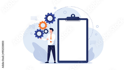 Professional businessman holding a blue gear while standing next to a massive blank clipboard representing planning and system management.