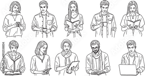 Line art illustrations of diverse people reading books and using various digital devices like phones, tablets, and laptops.