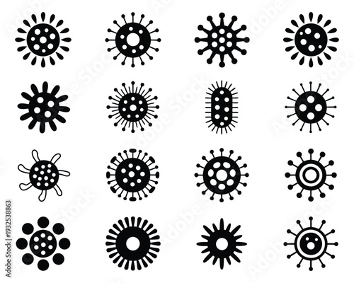 Set of virus and bacteria icons representing various microbes, pathogens, cellular biology elements, scientific research symbols