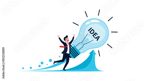 Enthusiastic businessman running with a massive glowing lightbulb representing the rapid development and execution of a great business idea.