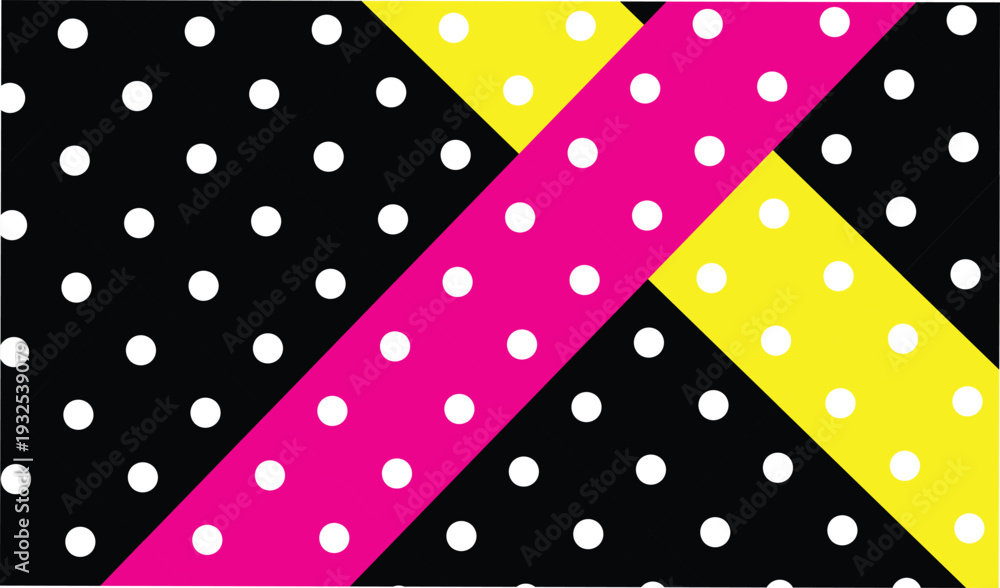 Fototapeta premium Abstract black background with white polka dots and overlapping pink and yellow geometric shapes, modern design element for graphic resources and website decoration