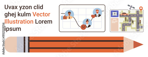 Education, connectivity, navigation, teamwork, brainstorming, creativity. Features a pencil, network of people and a road map. Education and connectivity concepts