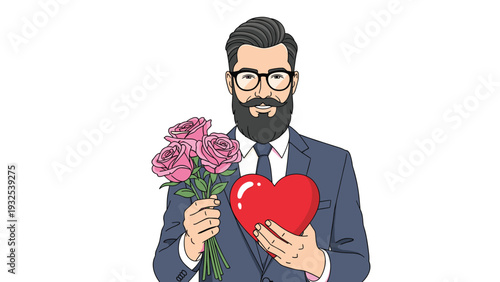 Stylish bearded man in a suit wears glasses and holds a bouquet of pink roses and a large red heart for romance.