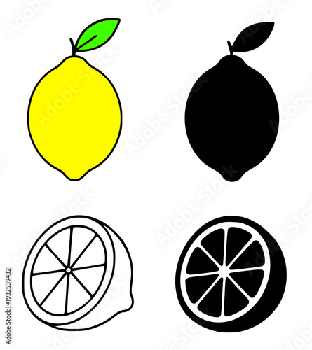 Set of 4 simple lemon vector icons, transparent background PNG