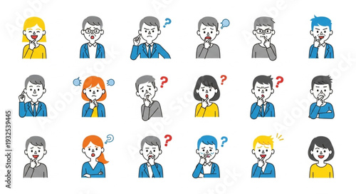 Diverse collection of illustrated people expressing various emotions and thoughts.