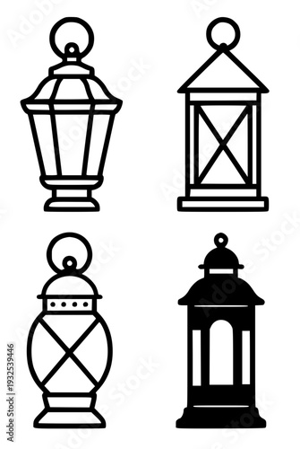 Set of 4 simple lantern vector icons, transparent background PNG